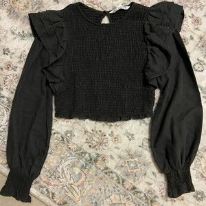 Zara Black Crop Puff Sleeve Blouse